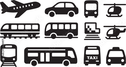Black Travel and Transportation Icons on White Background

