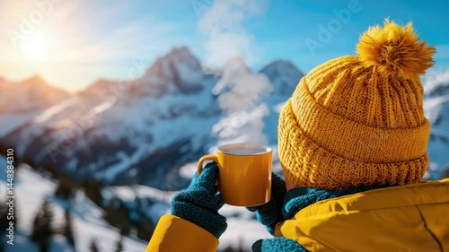 A person enjoys a warm drink while gazing at stunning snowy mountain landscapes.