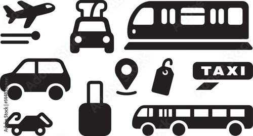 Black Travel and Transportation Icons on White Background

