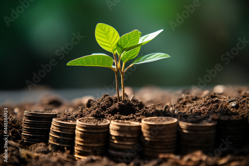 The sustainable investing and green finance concept is represented by a stack of coins with a small sapling growing on top, symbolizing the growth and potential of environmentally friendly investments