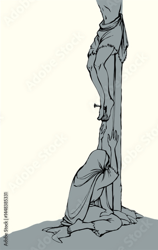 Vector drawing. Woman crying at the foot of the cross