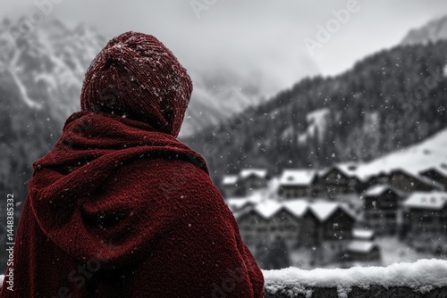A person wearing a red poncho looks out over a snow-covered village in a mountainous landscape on a wintry day.