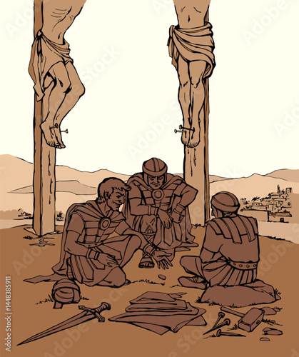 Vector drawing. Soldiers at the cross.
