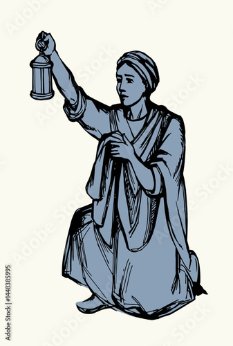 Vector drawing. Girl with lantern