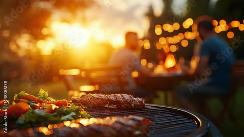 Grilling meat and vegetables in a sunset garden setting, perfect for outdoor dining.