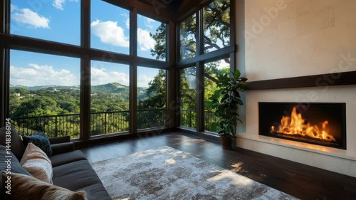 Modern living room with large windows and a stunning mountain view.