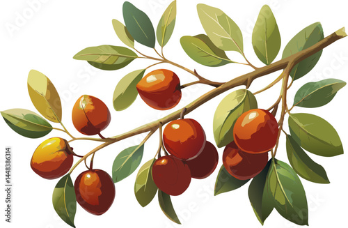 A watercolor depiction of a Jujube Tree (Ziziphus jujuba), with small oval leaves and edible brown fruit, isolated on a white background.