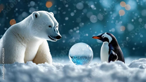Polar bear and penguin meet in snowy environment, sharing an ice globe.
