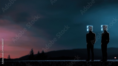 Futuristic Figures with Unique Headgear Against Night Sky