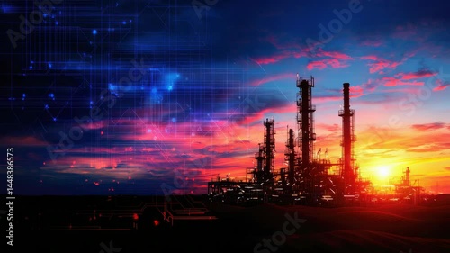 Silhouette of industrial plant against a vibrant sunset with digital overlays.