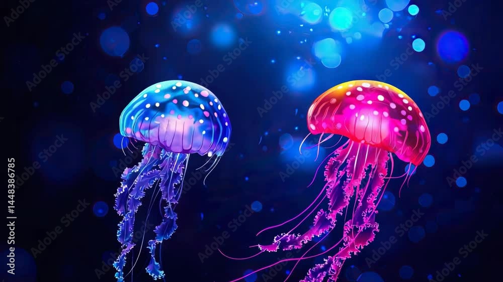 Vibrant jellyfish illuminated in blue and pink in a mystical underwater setting. Vibrant jellyfish illuminated in blue and pink in a mystical underwater setting.