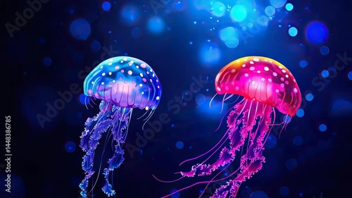 Vibrant jellyfish illuminated in blue and pink in a mystical underwater setting.