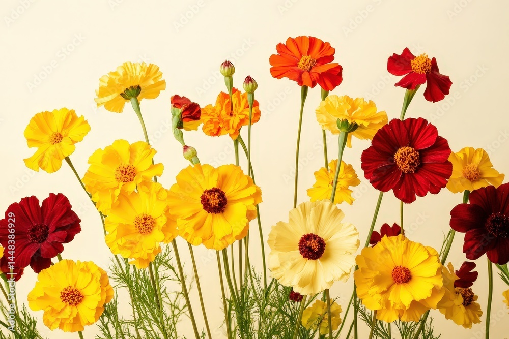 Fototapeta premium Vibrant floral arrangement of various colors and shapes.