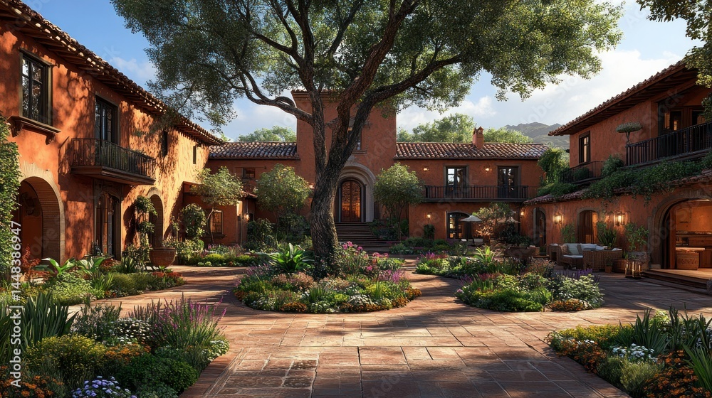 Obraz premium Luxurious courtyard home with terracotta architecture. Lush gardens and a large central tree