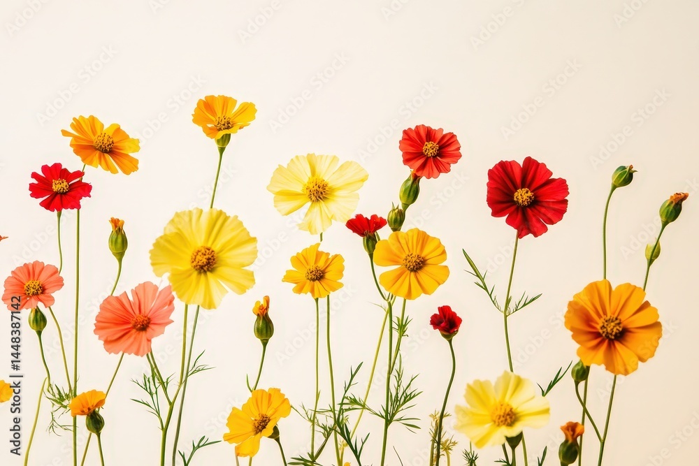 Fototapeta premium Colorful cosmos flowers in various shades against a plain background.
