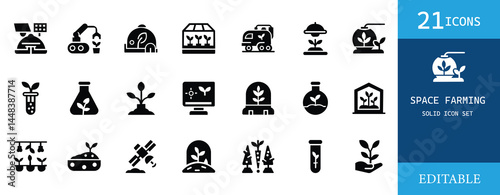 Solid black space farming icon set featuring hydroponics, futuristic agriculture, lab-grown plants, and smart farming tools. Perfect for AI, agriculture, tech, and science projects