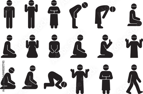  Comprehensive salah icon set in black silhouette showing various Muslim prayer positions.