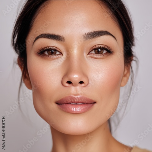 A close up of a woman's face with a neutral makeup look