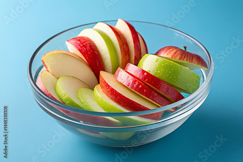 Apple slices glass bowl on pure blue background.