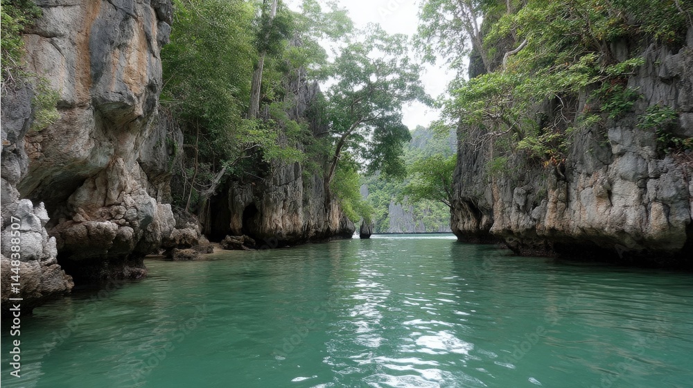 Serene Lagoon Passage Between Limestone Cliffs. Serene Lagoon Passage Between Limestone Cliffs.