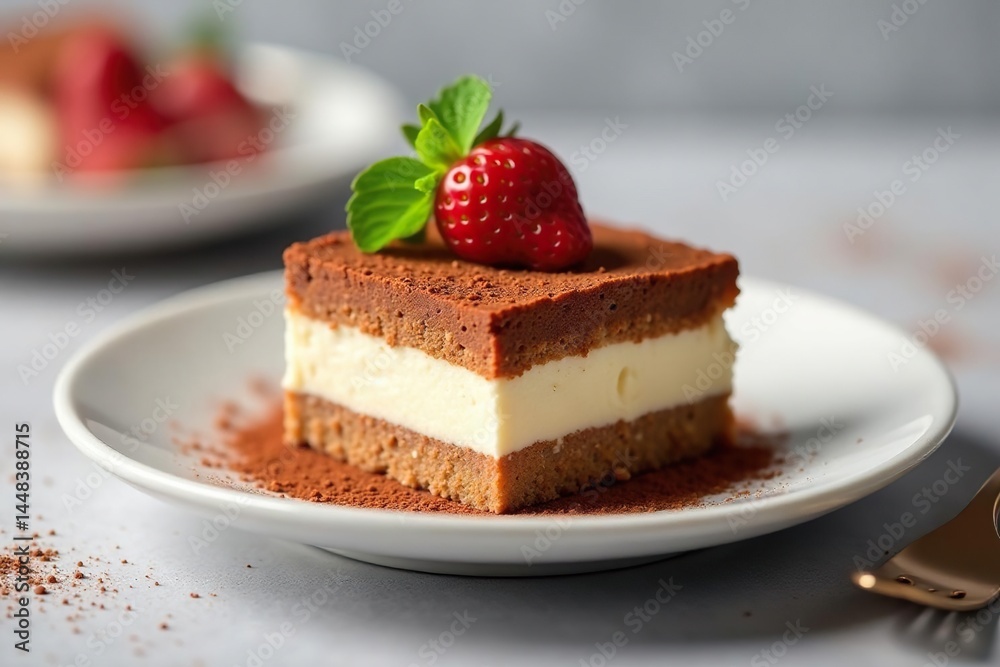 Single serving of tiramisu, showcasing texture and rich color , rich color, portion, italian Single serving of tiramisu, showcasing texture and rich color , rich color, portion, italian
