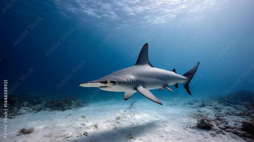 Obraz premium Magnificent hammerhead shark gracefully gliding through ocean's tranquil waters
