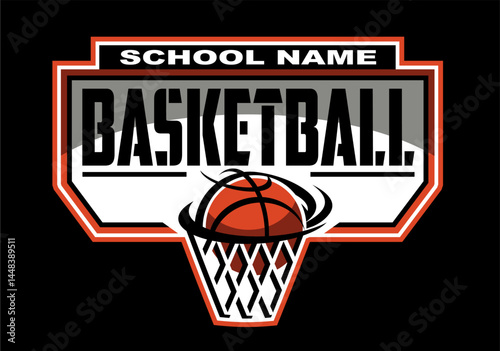 basketball team design with backboard, ball and net for school, college or league sports