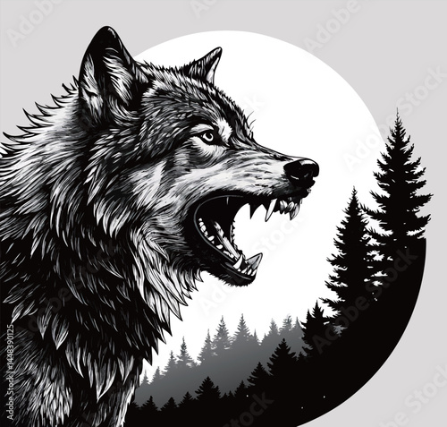 Snarling Wolf with Open Mouth