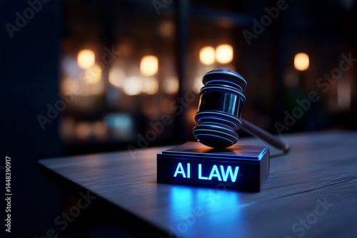 Futuristic black judge gavel with AI LAW neon sign on wooden desk, artificial intelligence regulation and legal technology concept, suitable for tech law and ethical policy visuals photo
