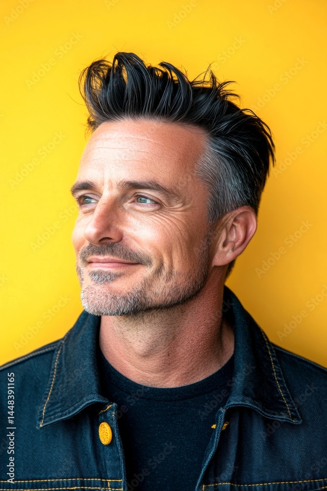 A warm and friendly man radiating happiness. Modish men's slick back with fade haircut - midlife white man with black hair. Conceptual art of style for aging men. Yellow solid backgroun.
