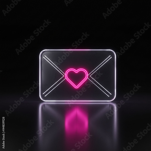 Neon pink heart showing love on email envelope on dark background