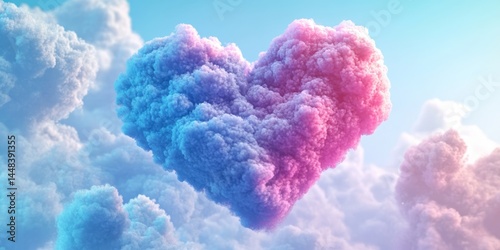 A heart is floating in the sky above a cloud. The heart is blue and pink, and it is surrounded by a cloud of white and blue. Concept of love and hope