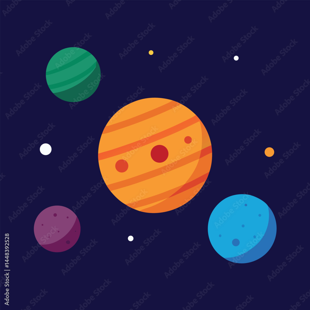 Naklejka premium A vector design shows a cartoon moon and an alien planet floating in the night sky with stars