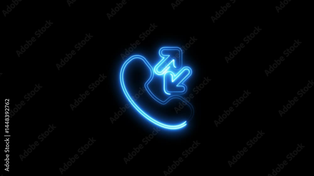 Glowing blue neon phone icon with incoming and outgoing call arrows on black Glowing blue neon phone icon with incoming and outgoing call arrows on black