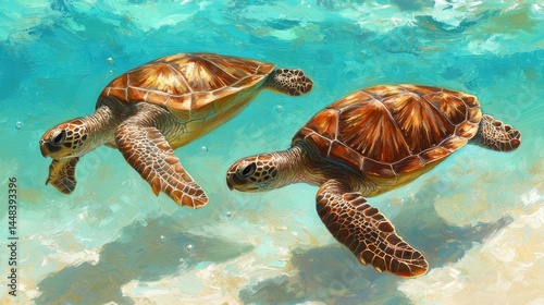 Two Sea Turtles Swimming in Crystal Clear Water
