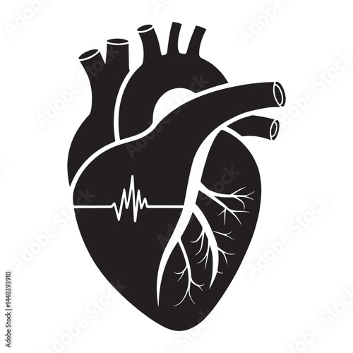 Anatomical Heart with Heartbeat Line – Black and White Medical Illustration of Cardiovascular System