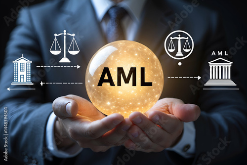 Businessman holding aml sphere anti money laundering compliance concept