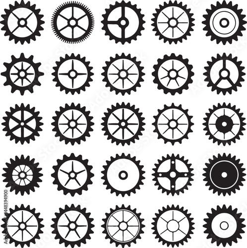 A detailed vector collection of black machine gears
and cogwheels, displayed on a clean white background