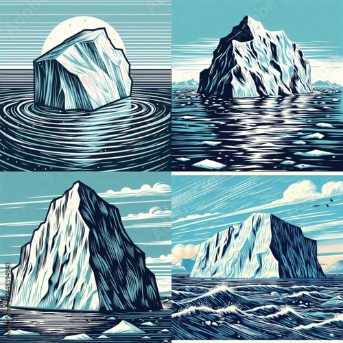 Iceberg in Various Styles Against Vibrant Ocean Backgrounds  