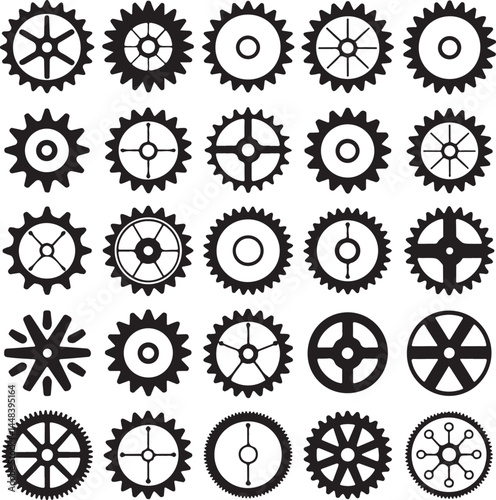 A detailed vector collection of black machine gears
and cogwheels, displayed on a clean white background