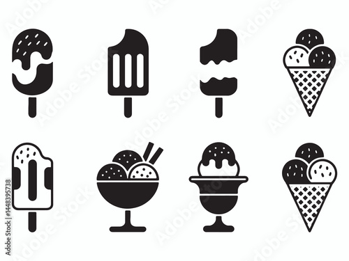 Ice Cream Vector Icons – Black and White Popsicle, Sundae, and Cone Silhouettes for Summer, Menu & Dessert Designs