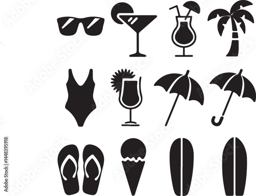 A cheerful vector illustration set of black summer-themed icons on a white background