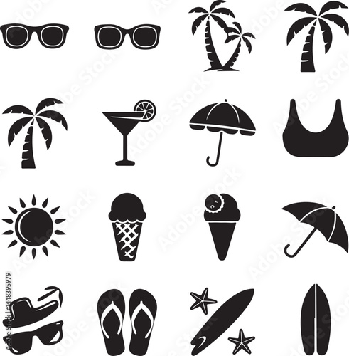 A cheerful vector illustration set of black summer-themed icons on a white background