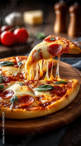 Cheesy slice of hot pizza being lifted with melted mozzarella – ideal for food delivery campaigns, restaurant promotions, or content showcasing comfort food and irresistible cravings