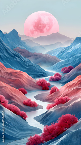 Pink Moon over Pastel Mountains.