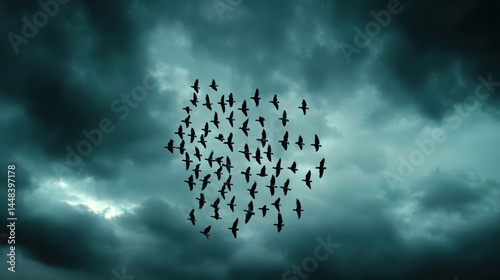 Flock of Birds Flying in Dark Stormy Sky with Clouds