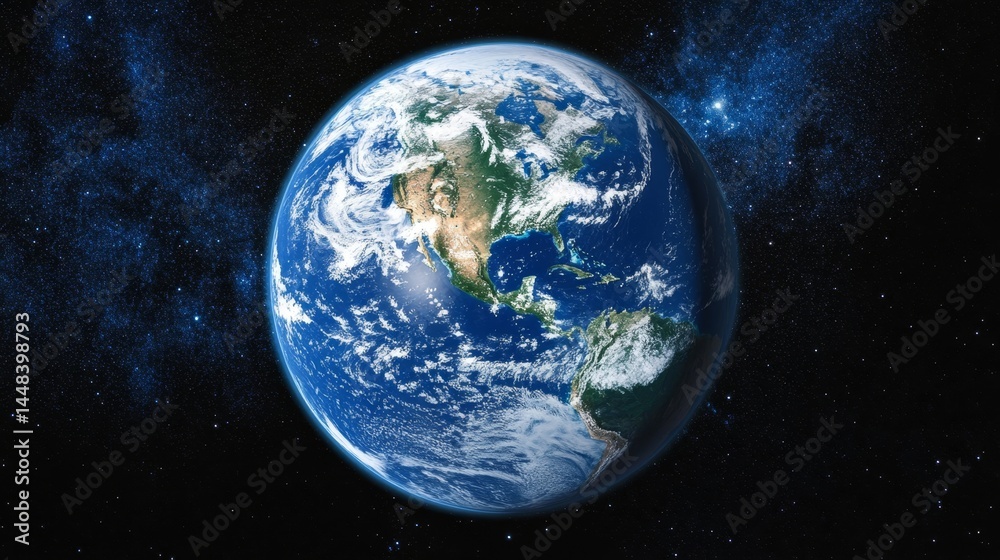 Obraz premium Digital illustration of Earth globe in space, with continents and clouds visible. Shows geographical features and climate patterns.