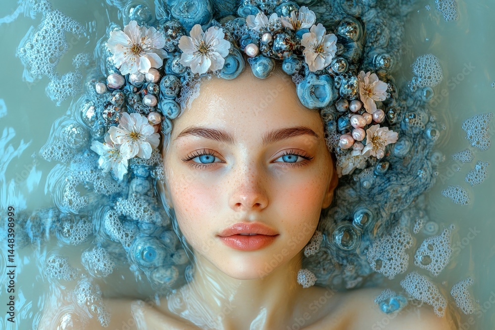 Lovely caucasian young woman surrounded by cherry blossoms. Spring mood, morning glow and fog. Commercial ad campaign concept art. Springtime scene with woman in flowers.