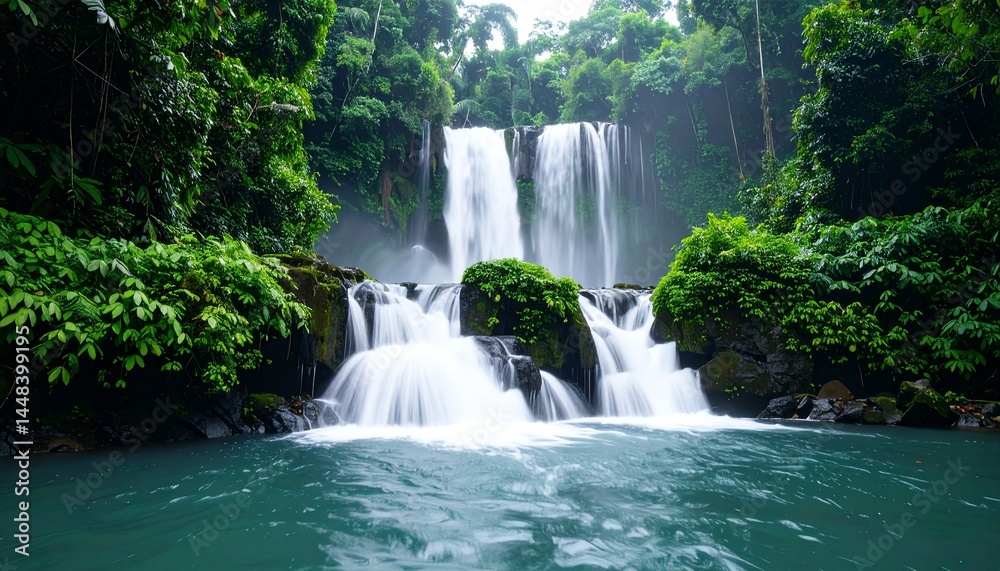 Ultra-sharp photo of a majestic waterfall flowing through a lush rainforest, soft lighting and perfect shutter speed, visually powerful and serene Ultra-sharp photo of a majestic waterfall flowing through a lush rainforest, soft lighting and perfect shutter speed, visually powerful and serene