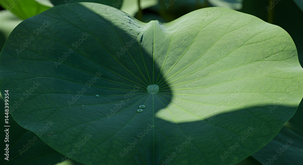 Fototapeta premium Water Drops on Green Leaf with Shadow Nature Background